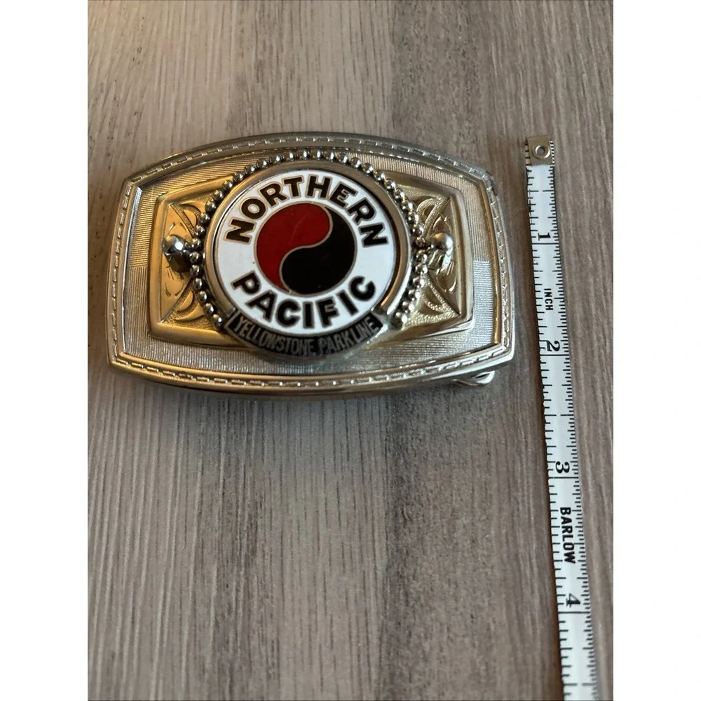 Vintage Northern‎ Pacific Railway StainlessBelt Buckle - with enamel inlay logo